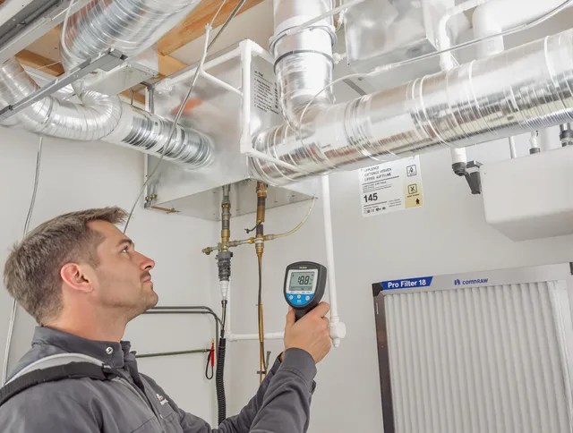 Norwell Air Duct Cleaning expert conducting detailed filter system inspection using diagnostic tools in Norwell